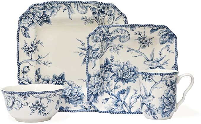 222 Fifth Adelaide 16-Piece Porcelain Dinnerware Set with Square Plates, Bowls, and Mugs, Blue