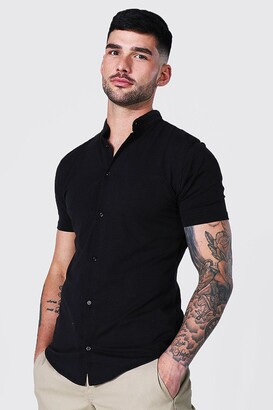 boohoo Mens Black Short Sleeve Muscle Fit Grandad Collar Shirt - ShopStyle