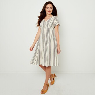 Joe Browns Striped Button-Through Knee-Length Dress with V-Neck and Short Sleeves