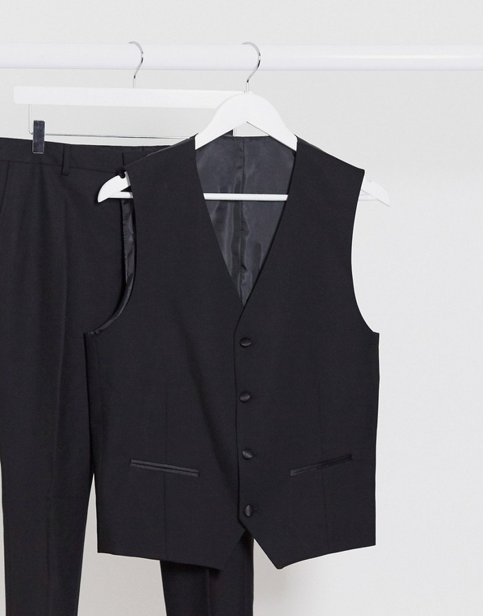 Selected black wool slim fit tuxedo suit suit vest - ShopStyle