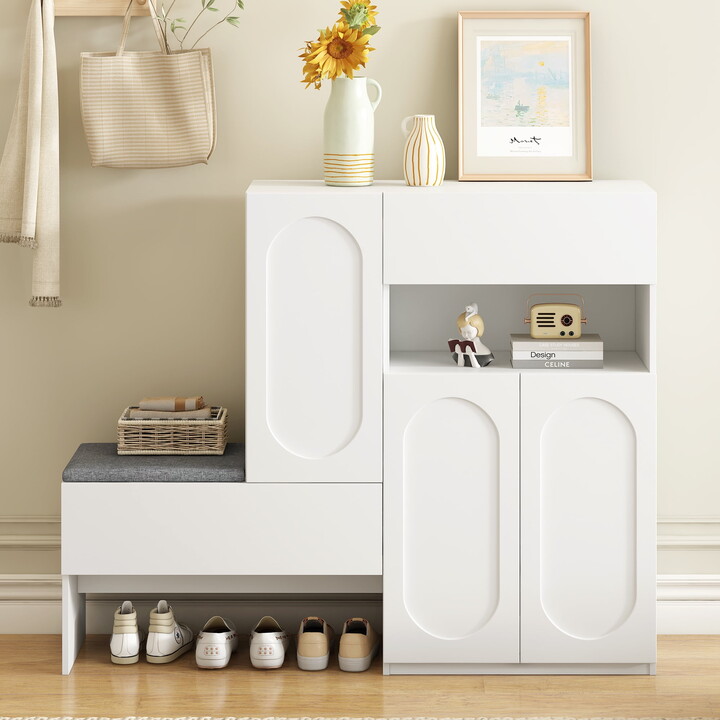 Aukfa 2-in-1 Shoe Cabinets with Soft Cushion and Storage Bench,Shoe Rack Organizer for Hallway Living Room, White