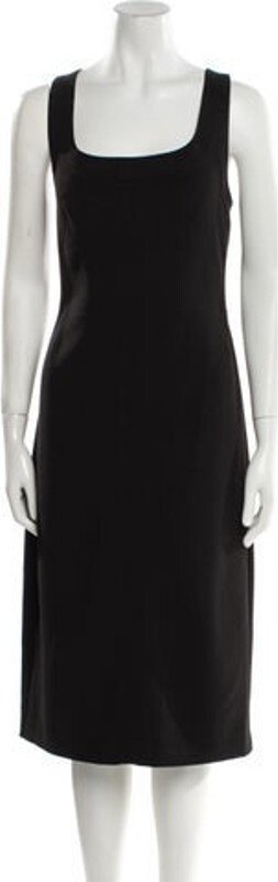Halston Shift Dress Black Leather Trim Embellishment Sleeveless with Scoop Neck Concealed Zip Closure at Back