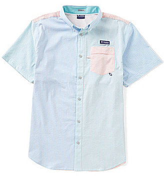 Columbia PFG Super Harborside Tri Color Block Seersucker Striped Short-Sleeve Woven Shirt