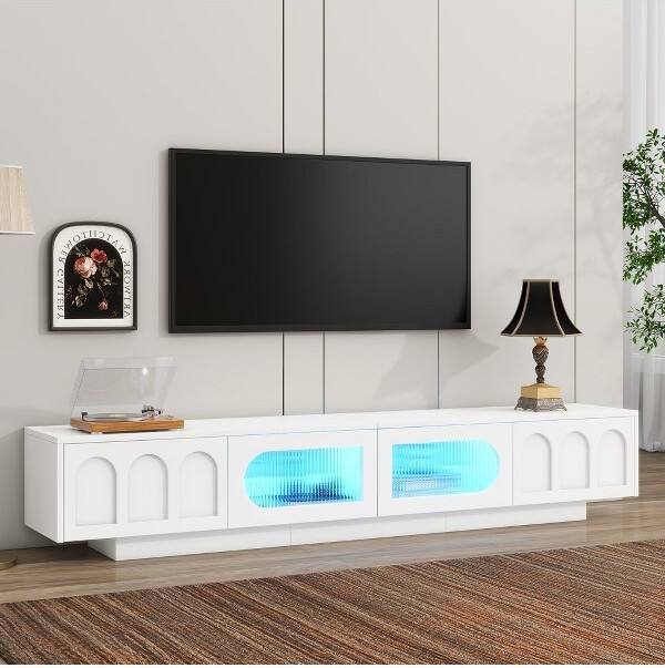 KTMBDWTVStandfor95InchTVEntertainmentCenterwithFlutedGlassStorageCabinetsModernMediaTVConsoleforLivingRoomLEDLightsWhite