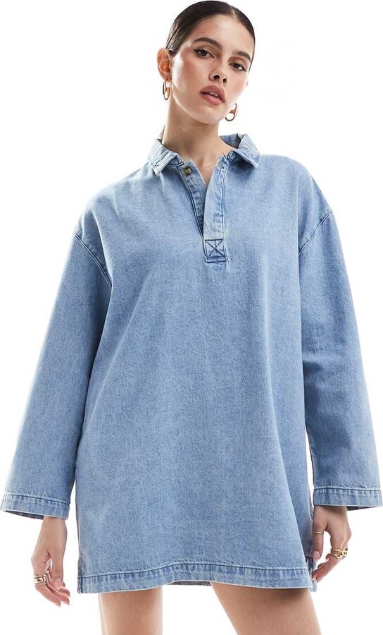 ASOS DESIGN denim polo mini dress in midwash blue ShopStyle