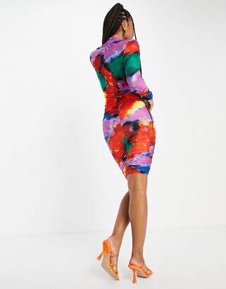 John Zack Exclusive plunge front ruched detail mini dress in rainbow marble print