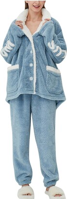 ZHINIAN Women's Warm Fleece Pyjama Sets Flannel Fluffy Soft Pjs with Pockets Casual Loose Cosy Loungewear Outfits for Winter Blue