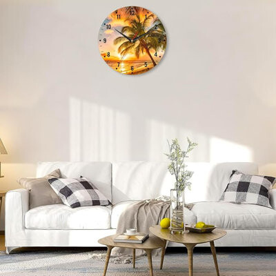 SPUNKER Wall Clocks,Palm Trees Sunset 10 Inch Wall Clock,Sea Beach Small Battery Operated Wall Clocks Decorative For Kitchen/Living Room/Bedroom/Bathr
