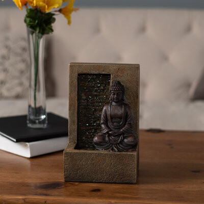 Tabletop Water Fountain- Sitting Buddha Statue by a Stone Wall Waterfall, Electric Pump & Soothing Sounds for Office and Home Decor by Pure Garden