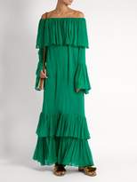 Thumbnail for your product : By. Bonnie Young - Off The Shoulder Tiered Silk Chiffon Gown - Womens - Green
