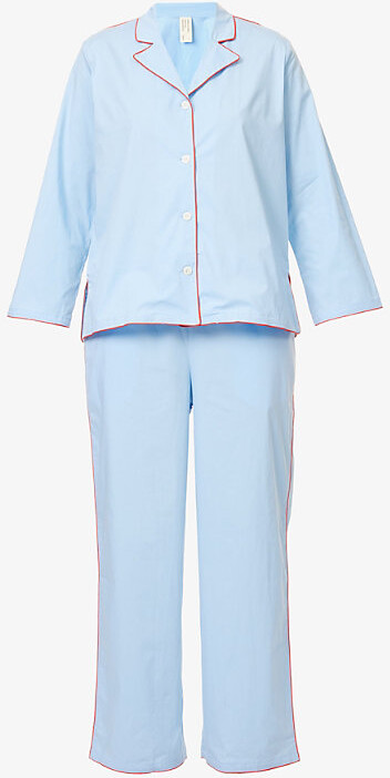 Desmond & Dempsey Womens Blue Contrast-Trim Long-Sleeve Cotton Pyjama Set Xs