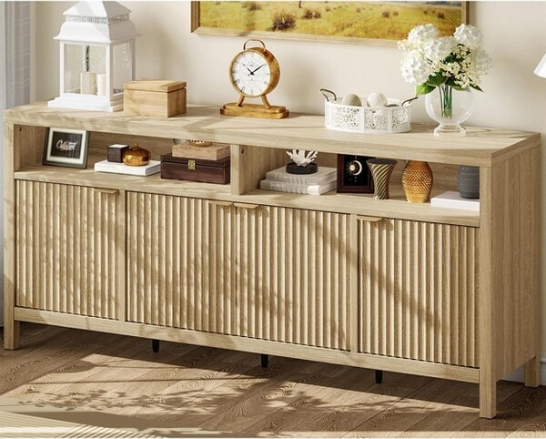 Jojoka 65.8InchModernFlutedSideboardCabinet–4-DoorStorageBuffetwithAdjustableShelvesVersatileOrganizerNatural
