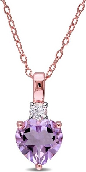 Everly Jewelry EVERLYJEWELRY|RosePlatedSterlingSilverRosedeFranceandCreatedWhiteSapphireHeartPendantwithChain18inc