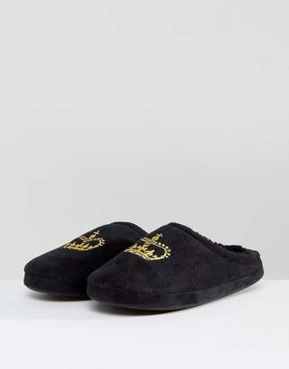 ASOS Design Slip On Slippers In Black With Crown Embroidery