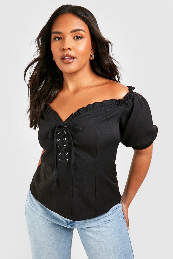 boohoo Plus Lace Up Sweetheart Neckline Off Shoulder Top - ShopStyle
