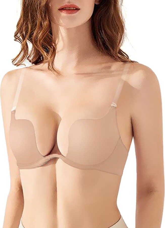 YANDW Strapless Full Coverage Push Up Removable Pads Multiway Convertible  underwire Bandeau Bras with Clear Straps Nude,40A