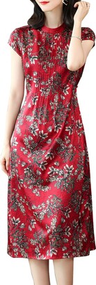 E-Girl Women Silk Dress Waist Tie A-Line Dress Printing Silk Dress Stand Collar Short Sleeve Maxi Silk Dress