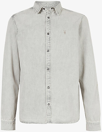 AllSaints Mens Grey Gleason Logo-Embroidered Regular-Fit Denim Shirt L