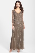 Thumbnail for your product : Pisarro Nights Beaded Long Sleeve Drop Waist Gown (Regular & Petite)