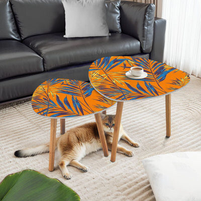 Triangle Nesting Coffee Table Set of 2 fashion fabric texture blue palm leaves End Table Modern Minimalist Side Table Set for Living Room Bedroom