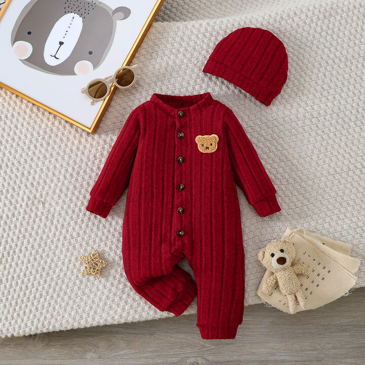 NONE 【Baby Boy】Autumn & Winter Red Onesie with Front Single-Breasted Buttons and Cute Bear Badge on Chest + Red Hat SetFeaturing a wa