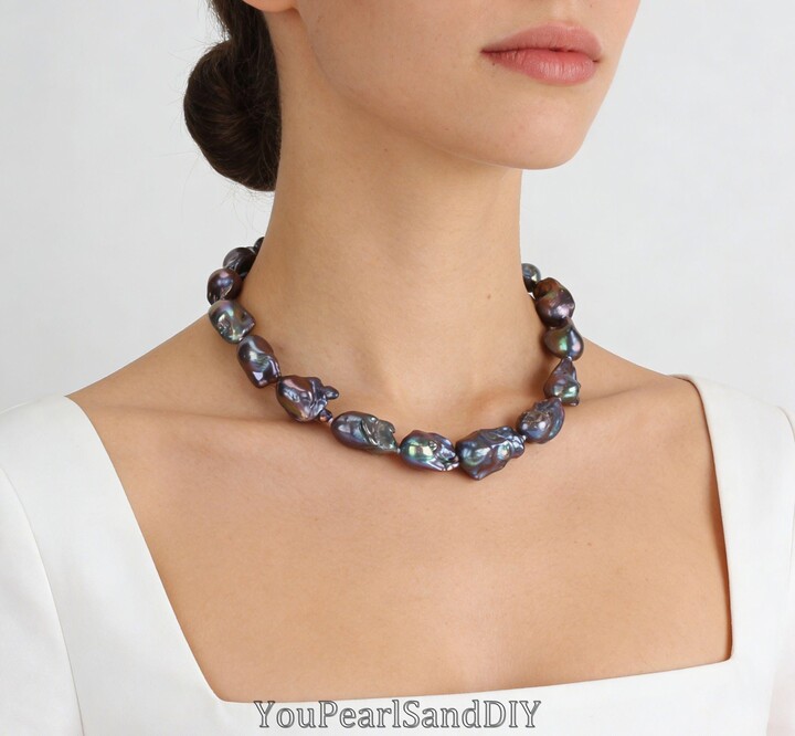Etsy Handmade 17x25mm Flameball Peacock Black Natural Freshwater Baroque Pearl Beaded Necklace Statement Necklace Gift