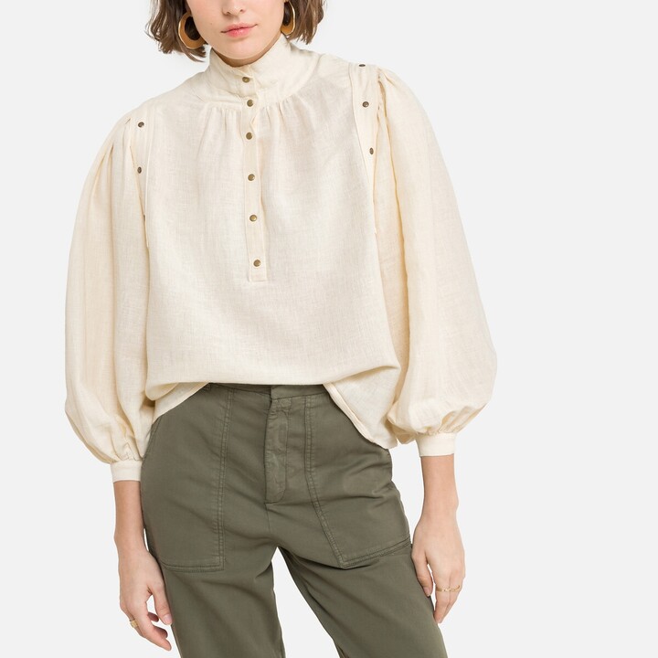 LAURENCE BRAS Robie Cotton/Linen Shirt with Victoriana Collar and