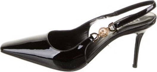 Versace Patent Leather Slingback Pumps Black Leather Trim Square-Toes with Leather Trim Embellishment Includes Box & Dust Bag