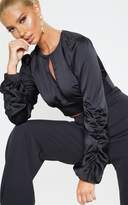 Thumbnail for your product : PrettyLittleThing Black Satin Ruched Long Sleeve Spilt Front Crop Blouse