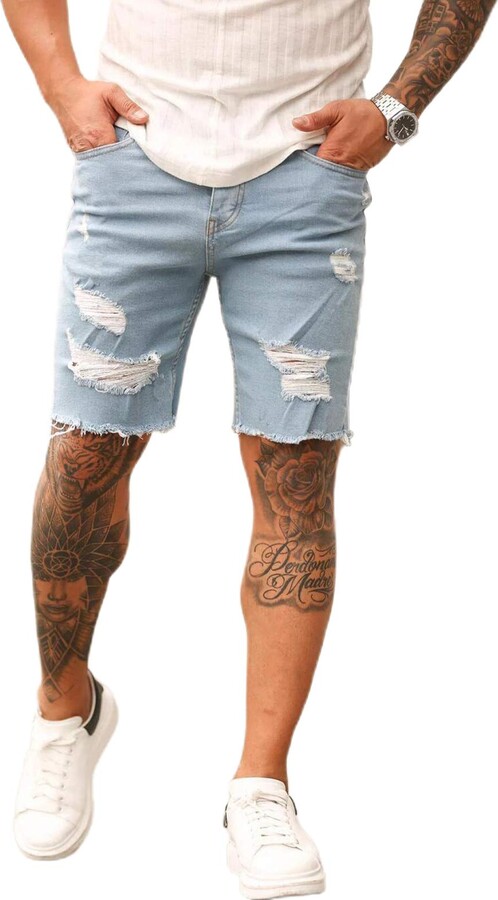 Denim Shorts Forthery Mens Stretch Denim Short Ripped Distressed Jeans Pants Jean Short with Hole Cargo Shorts 