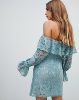 Thumbnail for your product : Dolly & Delicious frill off shoulder high neck pencil dress in emerald green