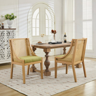 Bay Isle Home Rattan Dining Chairs Set of 2, Solid Wood Frame with Decorative Armrests, Linen Upholstered Seat, Rustic Wooden Style for Kitchen and Dining Room