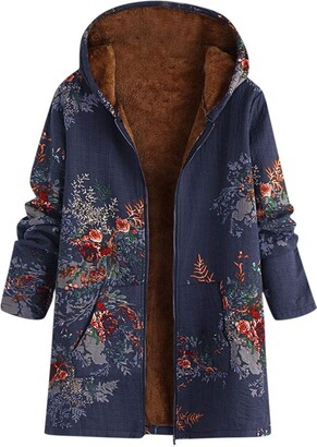 KaloryWee Sale Clearance Womens Winter Warm Outwear Floral Print Hooded Pockets Vintage Coats 