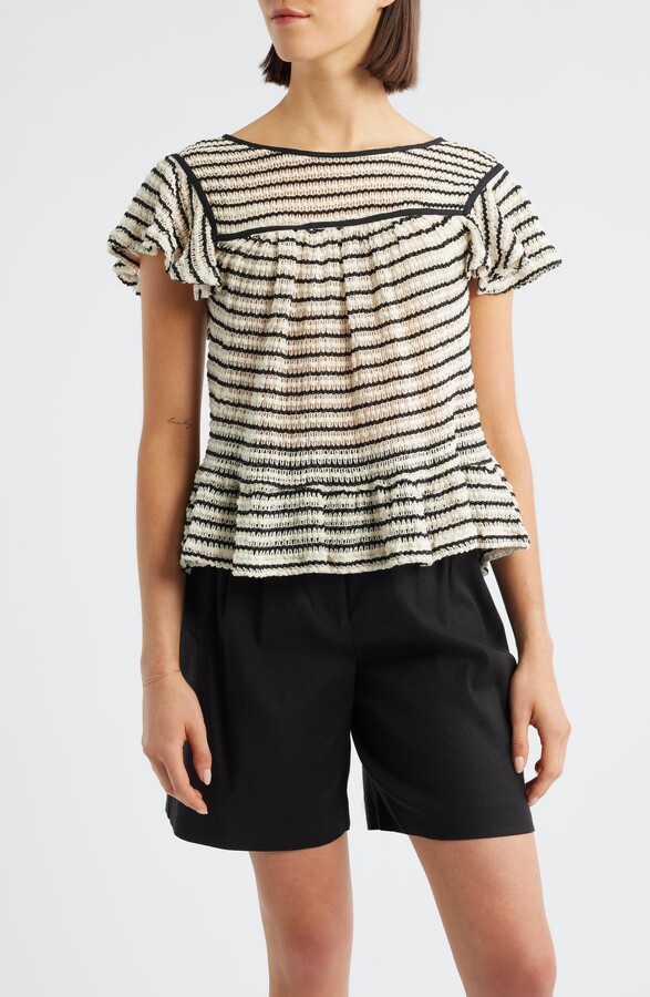 Bobeau Ruffle Open Stitch Short Sleeve Sweater