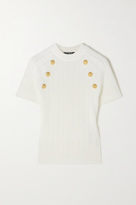 Balmain - Button-embellished Ribbed-knit Top - White