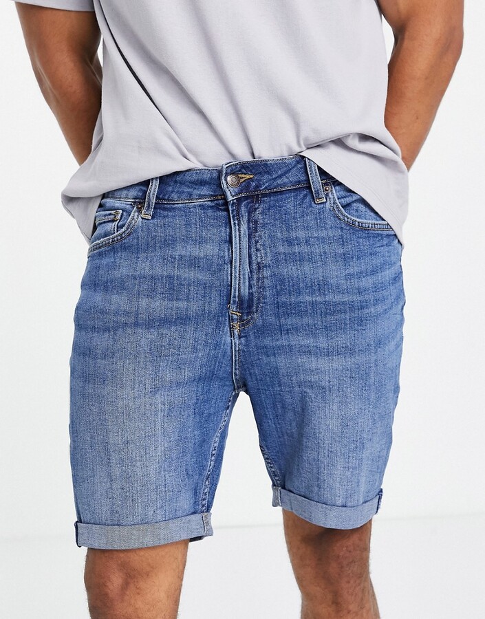 Bershka super skinny denim shorts in mid blue - ShopStyle