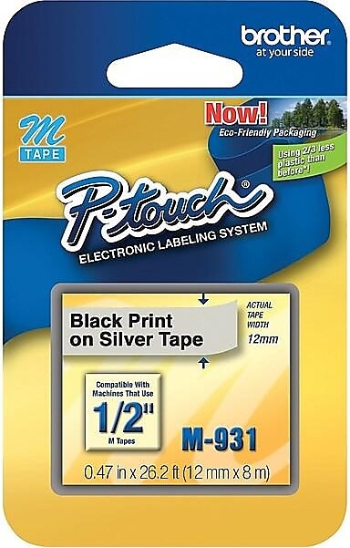 Brother P-touch M-931 Label Maker Tape, 1/2" x 26-2/10', Black on Silver