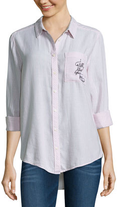 Arizona Long Sleeve Embroidered Stripe Shirt-Juniors