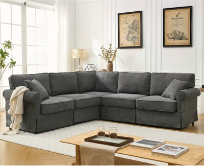Modular Sectional Sofa Set, Convertible L Shaped Couch, 5 Seat, Reversible Upholstered Corner Sofa With Rolled Arms And Soft Linen Fabric In Dark Gray
