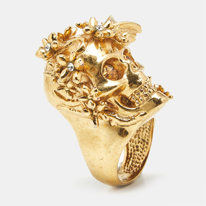 Alexander McQueen Crystal Bee Skull Gold Tone Ring Size 54