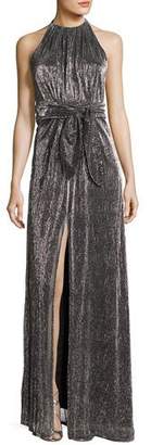 Halston Sleeveless Halter-Neck Textured Metallic Evening Gown