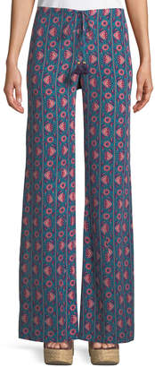 Figue Ipanema Floral-Stripe Split Wide-Leg Silk Pull-On Pants