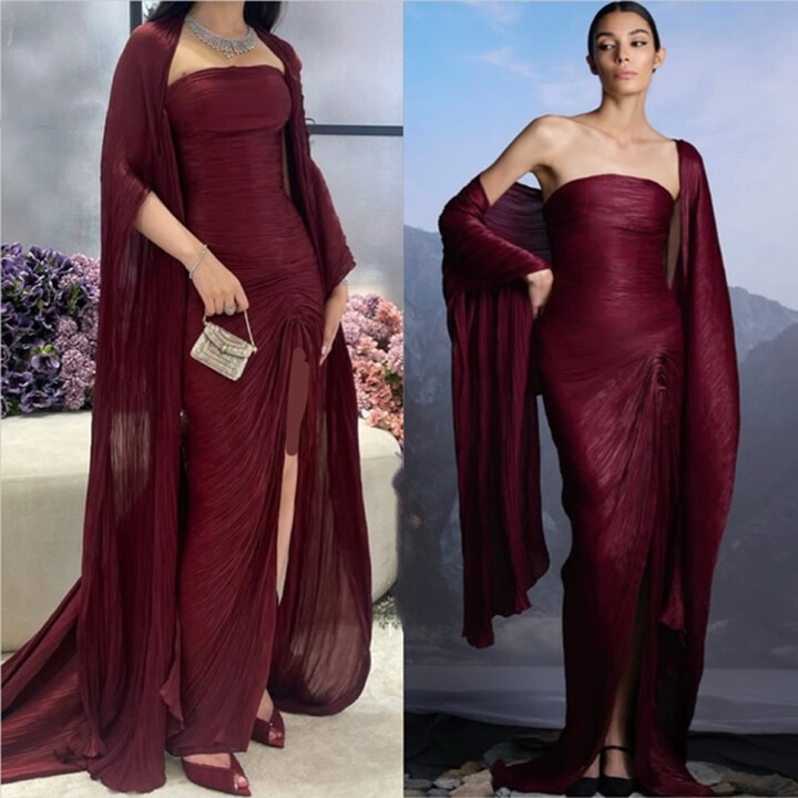 MisShow Simple Tulle Pleat Evening Dress Strapless With Shawl Mermaid High Slit Elegant Arabic Formal Party Prom Gown Vestido Customized