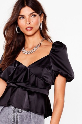 Nasty Gal Womens It's a Puff Call Satin Wrap Blouse - Black - 8