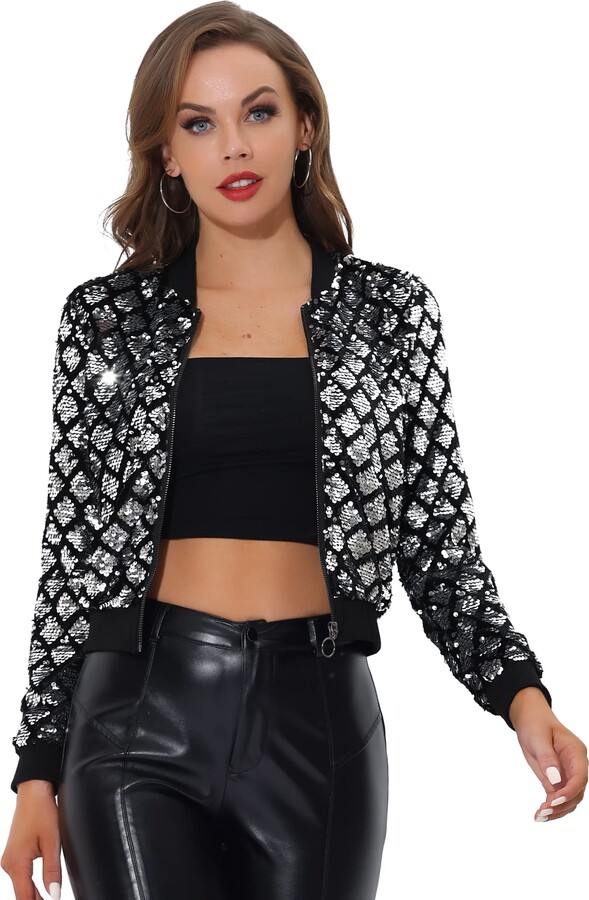 Allegra K Women's Christmas Costume Bomber Jacket Long Sleeve Glitter