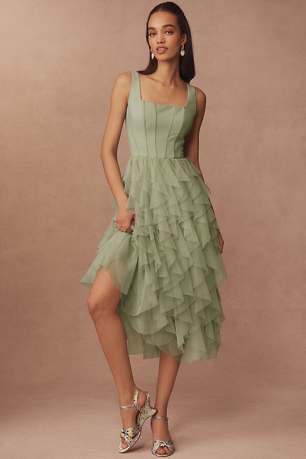 Talia Square-Neck Corset Tulle Midi Dress