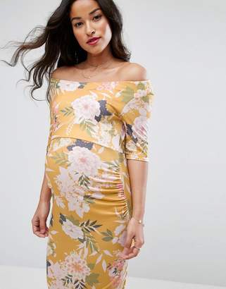 ASOS Maternity Bardot Dress with Half Sleeve in Yellow Base Floral Print