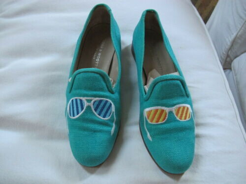 Stubbs and wootton turquoise linen embroidered "sunglasses" flats.size 9.5.