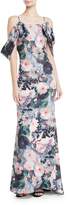 Badgley Mischka Collection Tie-Sleeve Floral-Print Long Gown