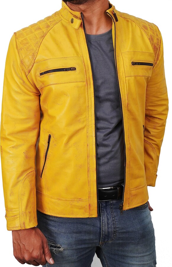 Fashion_First Yellow Leather Jacket Mens Diamond Quilted Yellow Leather
